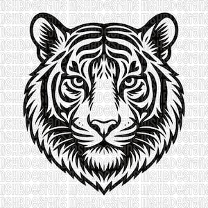May include: A black and white graphic of a tiger's face. The tiger's face is depicted in a detailed, stylized design with intricate patterns and lines. The image is a close-up of the tiger's face, showcasing its features.