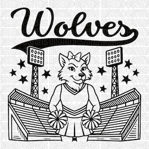 May include: Black and white graphic of a wolf mascot in a cheerleader outfit, holding pom-poms, with the word "Wolves" above. Stadium seating and stadium lights flank the mascot, with stars scattered around.
