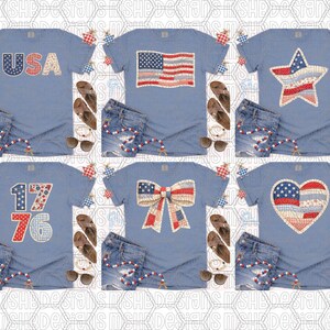 May include: Pale blue t-shirts featuring patriotic designs, such as the American flag, a star, a heart, a bow, and the text "USA" and "1776". The shirts are styled with denim shorts, sandals, and accessories.