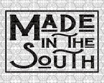 May include: Black and white rectangular graphic with the text "MADE IN THE SOUTH" in a bold, stylized font. The text is enclosed within a black rectangular border. The background is a repeating pattern of the text "MSHBDesigns".