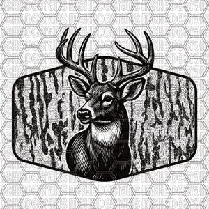 May include: Black and white illustration of a deer with large antlers, set within a textured, hexagonal-patterned frame. The deer is depicted in a detailed, realistic style, with a focus on its facial features and antlers.