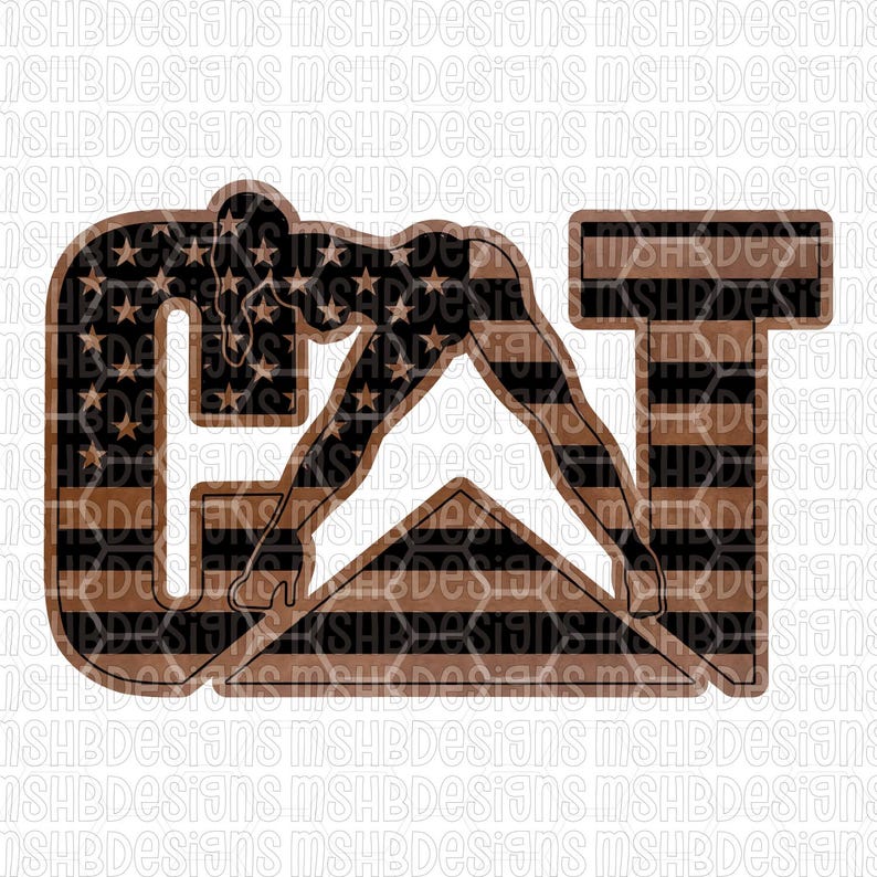 Puede incluir: Dise&ntilde;o gr&aacute;fico con la palabra "CAT" y la silueta de una persona en una postura de yoga. Las letras est&aacute;n en una combinaci&oacute;n de colores marr&oacute;n y negro, con la letra "C" rellena con un patr&oacute;n de estrellas y rayas.