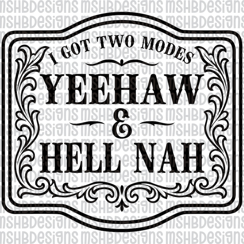 May include: Black and white sign with the text "I GOT TWO MODES YEEHAW & HELL NAH". The sign has a decorative border with floral scrollwork. The text is in a bold, serif font.