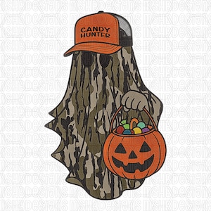 May include: A Halloween-themed graphic featuring a ghost wearing an orange trucker hat with "CANDY HUNTER" text. The ghost is draped in camouflage fabric and carries an orange jack-o'-lantern basket filled with colorful candies.