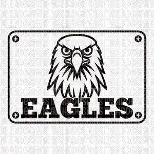 Puede incluir: Gráfico en blanco y negro de la cabeza de un águila sobre la palabra "EAGLES" en negrita. El diseño está encerrado en un marco rectangular con elementos decorativos en las esquinas. La imagen tiene una estética limpia y moderna.