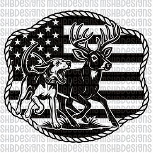 May include: Black and white graphic of a deer and a dog in front of an American flag design, framed by a rope border. The dog is barking, and the deer is running. The design includes stars and stripes.