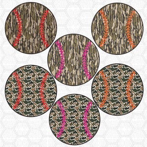 May include: Circular baseball designs with camouflage patterns in shades of brown, green, and tan. Each baseball features contrasting stitching in red, orange, or pink. The designs are suitable for sports-themed crafts or apparel.