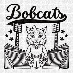 May include: Black and white graphic of a bobcat cheerleader with pom-poms, a bow, and the word "Bobcats" above. Stadiums and spotlights flank the bobcat, with stars in the background. A design for sports fans.
