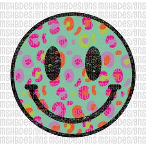 Heldere luipaardsmiley, png PNGEgg | Digitale download van 6000 pixels voor sublimatie en DTF | Retro vrolijk gezicht-print | Kleurrijke leuke shirtafbeelding