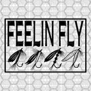 May include: Black and white graphic featuring the text "FEELIN FLY" above four fishing lures. The lures are detailed with hooks and feather-like designs, set against a hexagonal pattern background.