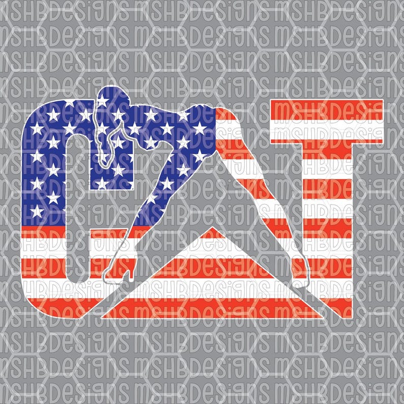 Puede incluir: Dise&ntilde;o gr&aacute;fico con las letras "USA" y una figura estilizada incorporada en el dise&ntilde;o. Las letras y la figura est&aacute;n coloreadas con los colores de la bandera estadounidense: rojo, blanco y azul. El fondo es un patr&oacute;n repetido del texto "MSHB Designs".