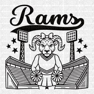 May include: Black and white graphic of a ram mascot with the word "Rams" above. The ram is wearing a cheerleader outfit and holding pom-poms. Stadium seating and stadium lights are on either side.