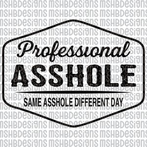 May include: A black and white graphic design featuring the words "Professional ASSHOLE" in a bold font, with the phrase "SAME ASSHOLE DIFFERENT DAY" underneath. The design is framed within a black hexagon.