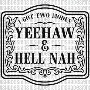 Könnte beinhalten: Schwarz-weißes Schild mit dem Text "I GOT TWO MODES YEEHAW & HELL NAH". Das Schild hat einen dekorativen Rahmen mit floralen Schnörkeln. Der Text ist in einer fetten Schrift im Western-Stil gehalten.