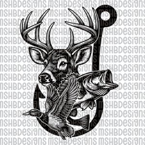 May include: Black and white graphic featuring a deer head with large antlers, a fish, and a flying duck, all integrated into a large hook shape. The design is detailed and suitable for outdoor enthusiasts.