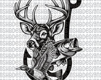 Ciervo, pato, anzuelo SVG / Archivo láser para caza y pesca al aire libre / Lubina, ciervo, ánade real, PNG, PDF, EPS, DXF para parches y grabados de sombreros