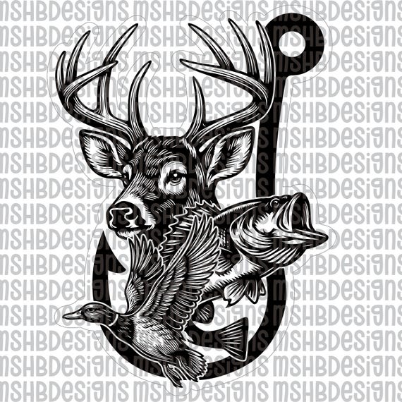 Deer Duck Fish Hook SVG | Outdoorsman Hunting Fishing Laser File | Bass Buck Mallard png pdf eps dxf for Hat Patches and Engraving