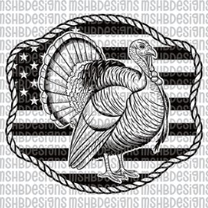 May include: Black and white illustration of a turkey with a fanned tail, set against a backdrop of the American flag. The design is framed by a rope-like border, creating a rustic and patriotic theme.