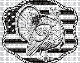 Bandera estadounidense de pavo SVG / Archivo de corte de pavo salvaje patriótico para sombreros con parche láser, ropa de caza, diseño PNG de Acción de Gracias