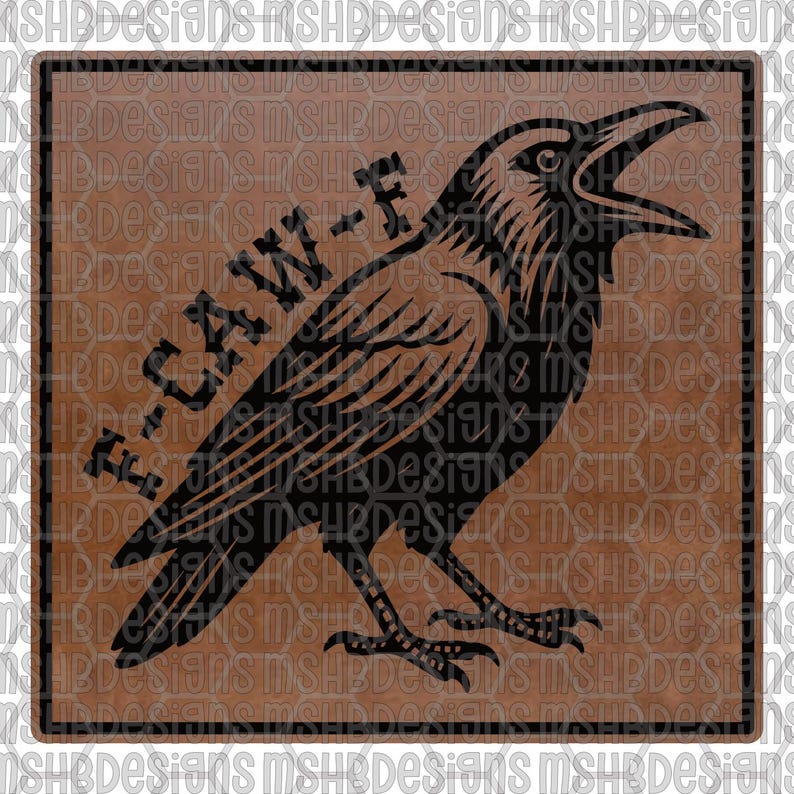 May include: A square, brown graphic featuring a black raven with an open beak and the text "F-CAW-F". The raven is a stylized illustration, and the text is in a bold, blocky font. The design has a rustic, vintage feel.