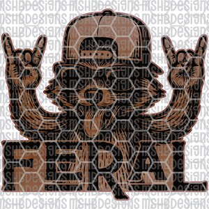 May include: A brown and black graphic of a raccoon wearing a backwards baseball cap and sunglasses, with the word "FERAL" in a rectangular banner. The raccoon is making a rock and roll hand gesture.