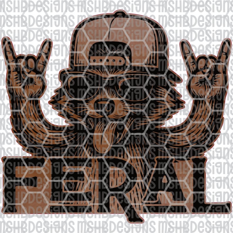 May include: A brown and black graphic of a raccoon wearing a backwards baseball cap and sunglasses, with the word "FERAL" in a rectangular banner. The raccoon is making a rock and roll hand gesture.