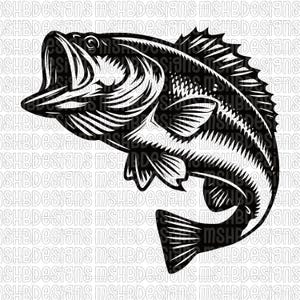 Op de afbeelding: Zwart-wit illustratie van een largemouth bass vis met open mond en gedetailleerde schubben en vinnen. Geschikt voor producten met een visthema.