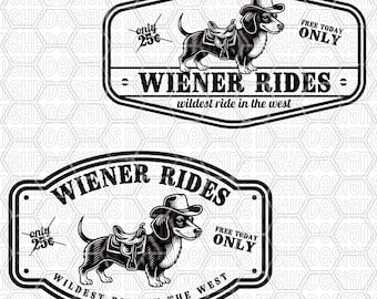 Wiener Rides SVG PNG DXF eps pdf – Funny Cowboy Dachshund Design | Wildest Ride in the West Patch File | 2 Versions Included