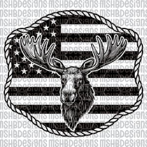 May include: Black and white graphic of a moose head with large antlers, set against a stylized American flag background. The design is framed by a rope-like border, creating a rustic, patriotic theme.
