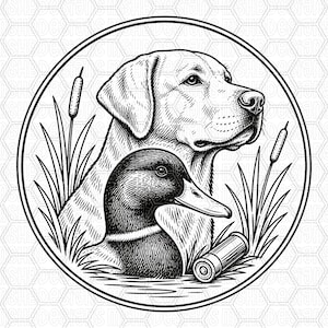 May include: Black and white illustration of a Labrador Retriever and a duck within a circular frame. The dog and duck are surrounded by reeds and a shotgun shell, suggesting a hunting theme. The image is detailed with fine lines.