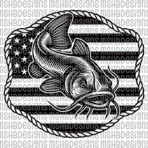 May include: Black and white illustration of a catfish with whiskers, set against a stylized American flag background. The design is framed by a rope border, creating a rustic and patriotic aesthetic. The image has the text "MSHBDesigns" repeated.