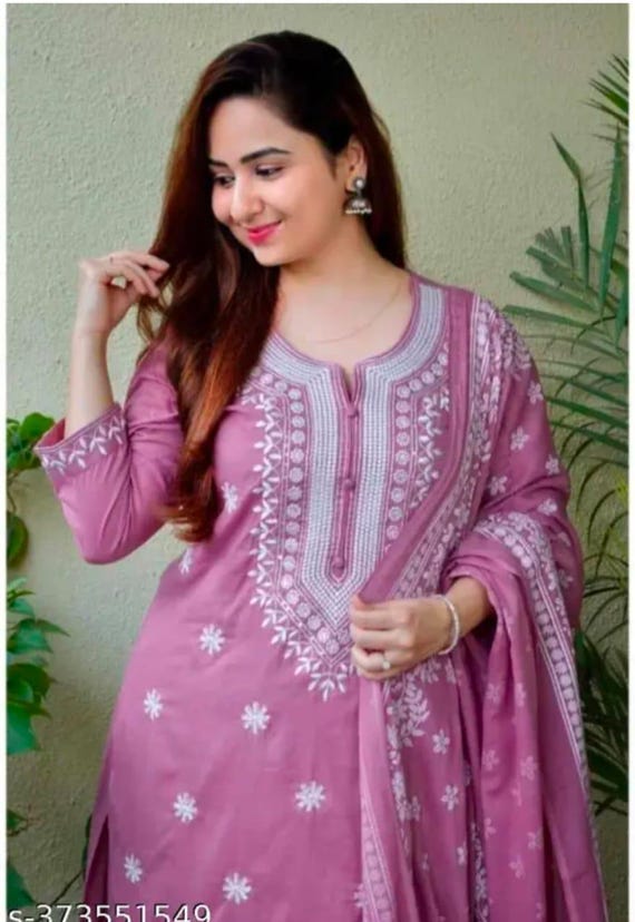 Pink Rayon Kurti with Dupatta and Pant Set - Embroidered Indian Tunic