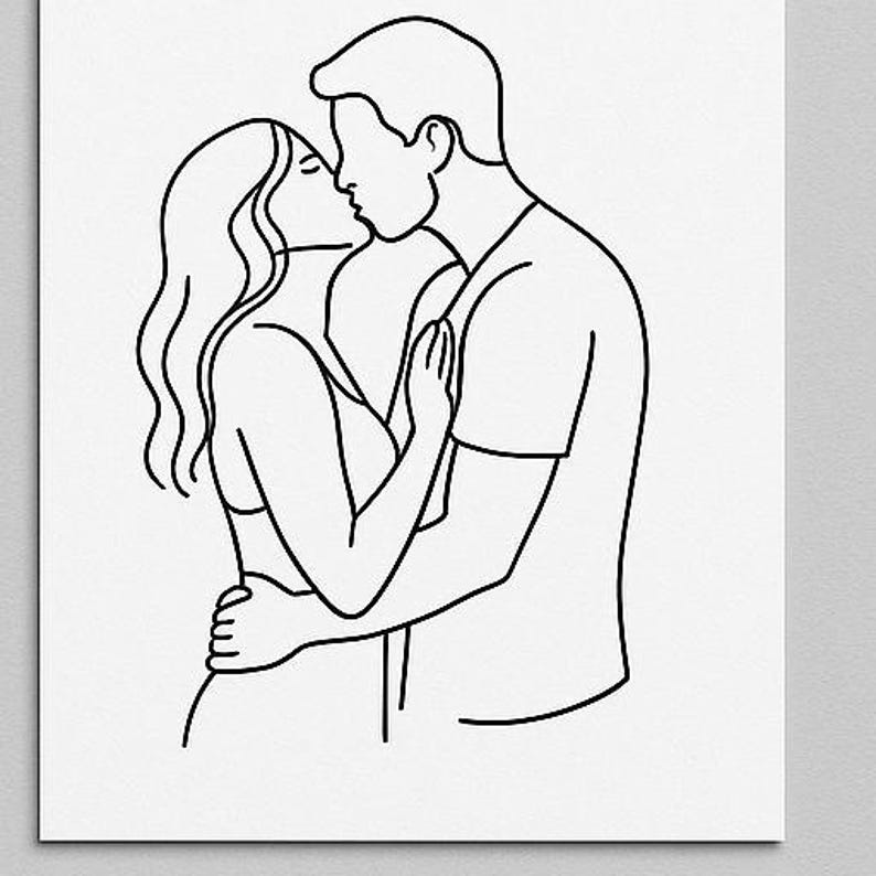 Intimate Couple, Kissing Lovers Line Drawing, Intimate Modern Print ...