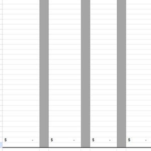 May include: A spreadsheet with columns labeled "DEPOSITS - CASH", "DEPOSITS - CC", "EXPENSE #1", and "EXPENSE #2". The spreadsheet has rows for entering financial data, with dollar signs and dashes in the bottom rows.