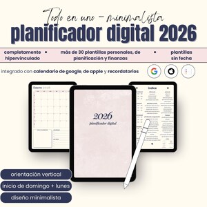 Puede incluir: Planificador digital para 2026 mostrado en tres tabletas. La tableta central muestra "2026 planificador digital". El planificador incluye más de 30 plantillas, está totalmente hipervinculado y se integra con los calendarios de Google y Apple.