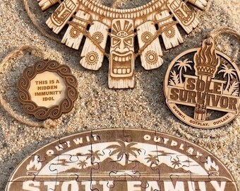 ULTIMATE Survivor-Inspired Party Pack | Immunity Necklace, Hidden Immunity Idol, Sole Survivor Medal, 2 Custom Puzzles, | Laser Cut Wood
