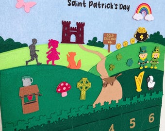 Saint Patricks Day Advent Calendar Countdown; 17 Days of Pockets with 20+ Felt Pieces; Personalization & Storage Bag Options