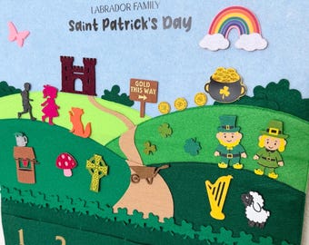 Saint Patricks Day Advent Calendar Countdown; 17 Days of Pockets with 20+ Felt Pieces; Personalization & Storage Bag Options