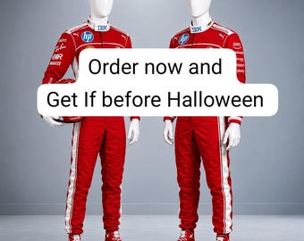 May include: Two white mannequins wearing matching red and white racing suits with long sleeves, high collars, and white racing shoes. The suits feature various sponsor logos including IBM, HP, and AWS. Text overlay reads: Order now and Get If before Halloween.