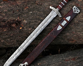 Handmade Damascus Steel Viking Sword: Medieval Replica with Scabbard