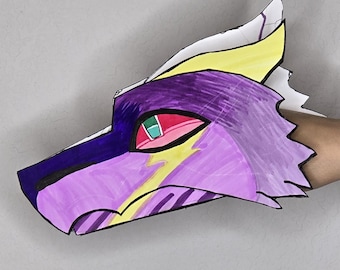 Handmade cardstock double layered dragon puppet named Raven