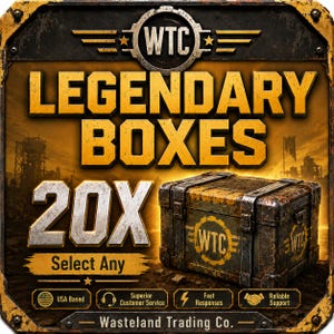 May include: A square sign with a dark, weathered metal frame featuring the text WTC Legendary Boxes 20X Select Any. The design includes a rusted metal crate with a WTC logo, a post-apocalyptic background, and icons for USA Based, Customer Service, Fast Responses, and Reliable Support.