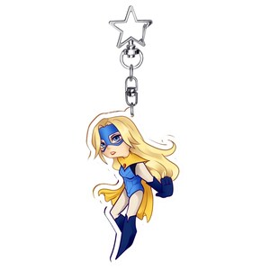 May include: A keychain featuring a cartoon superheroine with long blonde hair, a blue mask, and a blue and yellow costume. The keychain has a silver star-shaped clasp and a chain.
