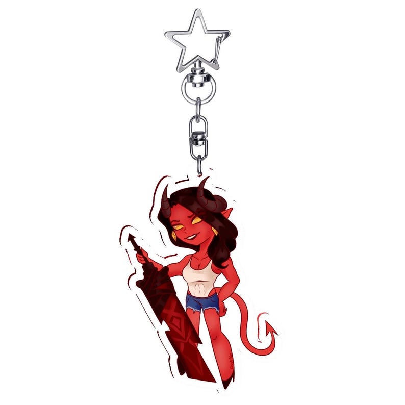 May include: A red devil-themed keychain with a star-shaped clasp. The cartoon devil figure is holding a red sword and wearing a white tank top and denim shorts. The keychain is made of acrylic and has a silver chain.