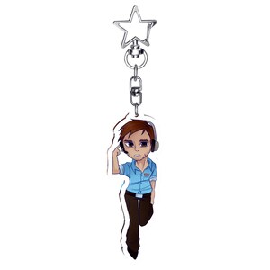 May include: A clear acrylic keychain featuring a cartoon illustration of a person wearing a headset and a blue shirt with the letters "SDN". The keychain has a silver star-shaped clasp and a silver chain.