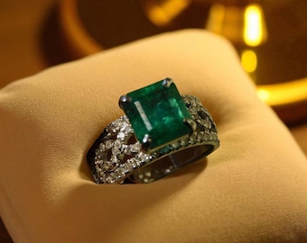 Vintage Emerald Ring with Diamonds in 14k Gold, Filigree Band Statement Ring, Art Deco Emerald Engagement Ring, Wedding Bridal Ring Gold