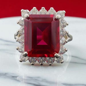 Emerald Cut Ruby Halo Ring with Diamonds in 14k Solid White Gold | Vintage Cocktail Ring | Ruby Bridal Jewelry | Statement Engagement Ring