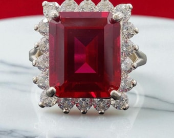 Emerald Cut Large Ruby Halo Ring with Diamonds in 14k White, Yellow Gold, Vintage Cocktail Ring, Ruby Jewelry, Statement or Engagement Ring