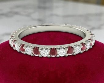 Anillo de eternidad con rubí y diamantes en oro de 14 k, alianza de aniversario, anillo de rubí para novia, anillo apilable para mujer, joyería fina y sencilla.