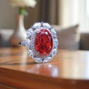 Oval Cut Ruby & Diamond Halo Cocktail Ring, 14K White Gold Marquise Diamond Statement Ring, Ruby Engagement Ring, Luxurious Ruby halo ring